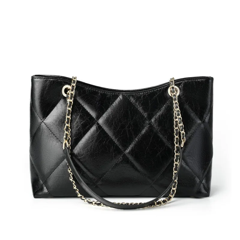 31CM genuine leather diamond grid large capacity chain shoulder bag 2902 black