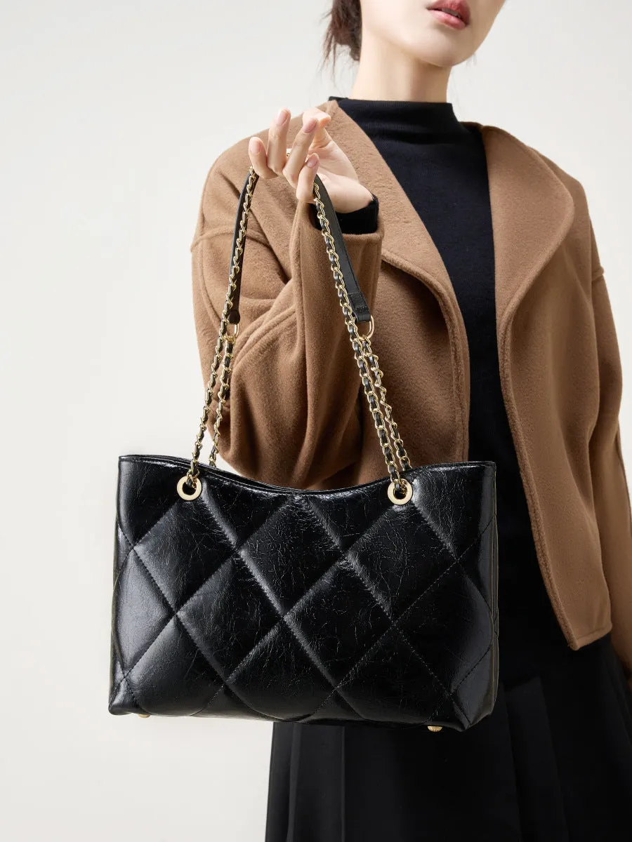 31CM genuine leather diamond grid large capacity chain shoulder bag 2902 black