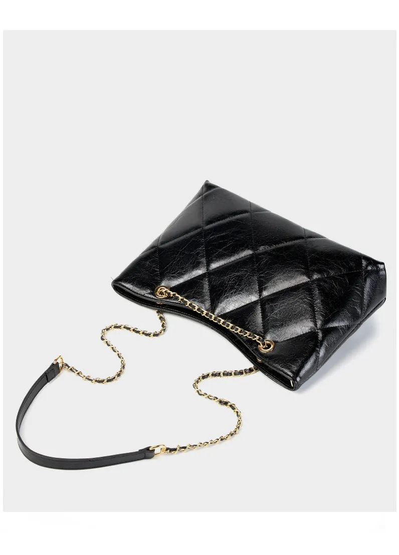 31CM genuine leather diamond grid large capacity chain shoulder bag 2902 black