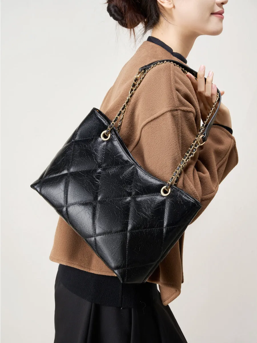 31CM genuine leather diamond grid large capacity chain shoulder bag 2902 black