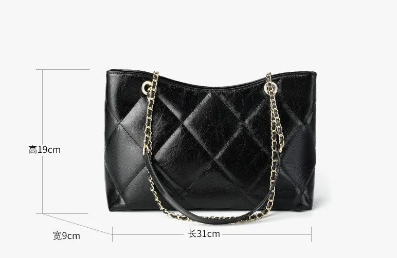 31CM genuine leather diamond grid large capacity chain shoulder bag 2902 black