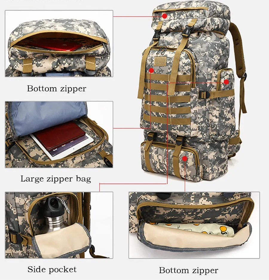 80L Waterproof Molle Camo Tactical Backpack Military Army Hiking Camping Backpack Travel Rucksack Outdoor Sports Climbing Bag