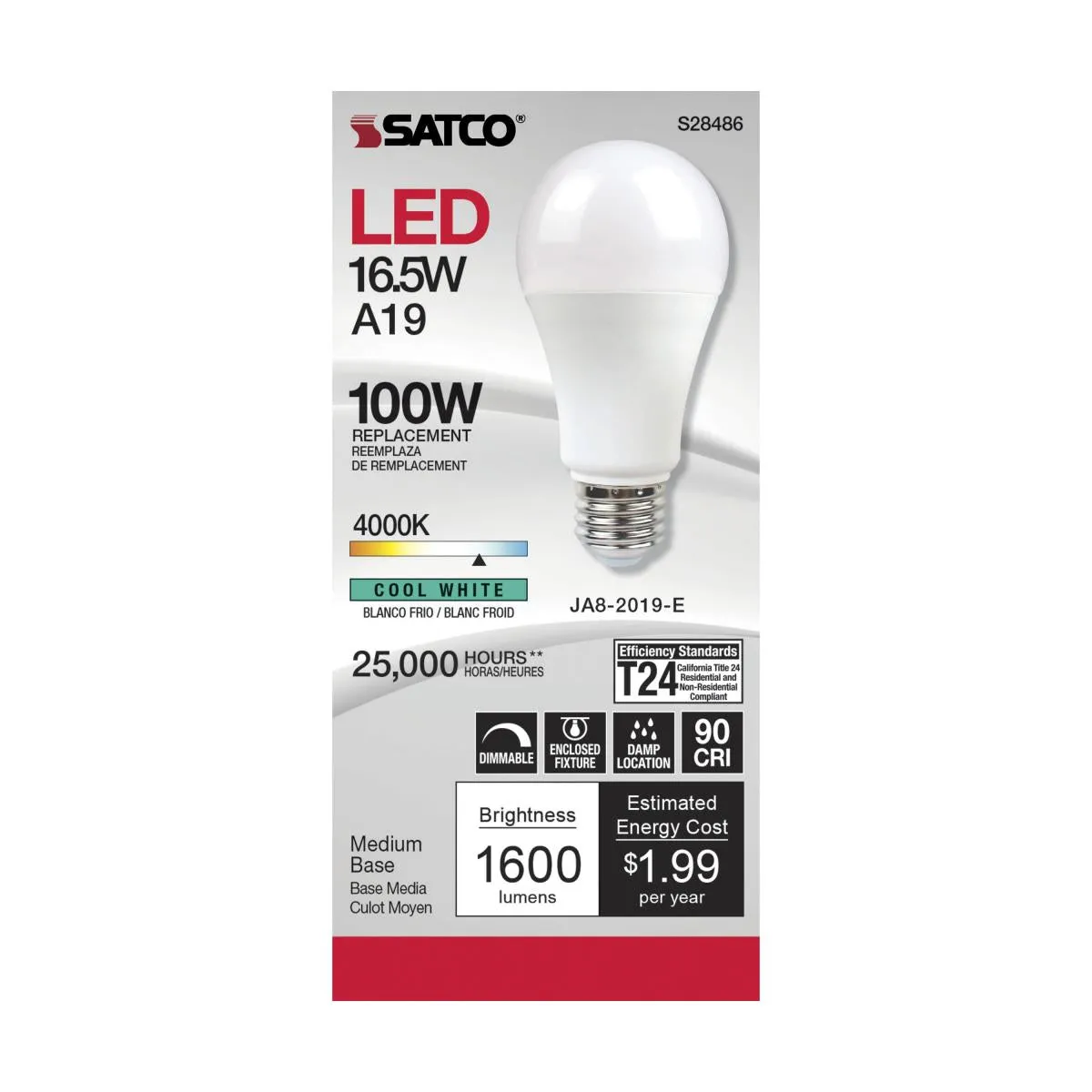 A19 LED Bulb, 100W Equivalent, 17 Watt, 1600 Lumens, 4000K, E26 Medium Base, Frosted Finish