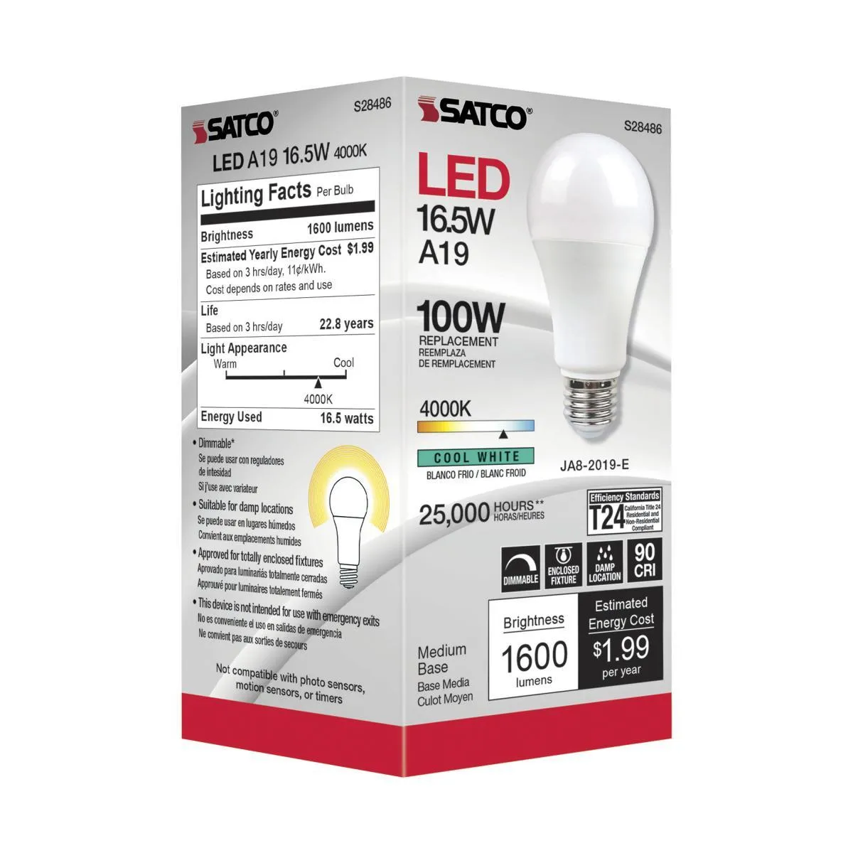A19 LED Bulb, 100W Equivalent, 17 Watt, 1600 Lumens, 4000K, E26 Medium Base, Frosted Finish
