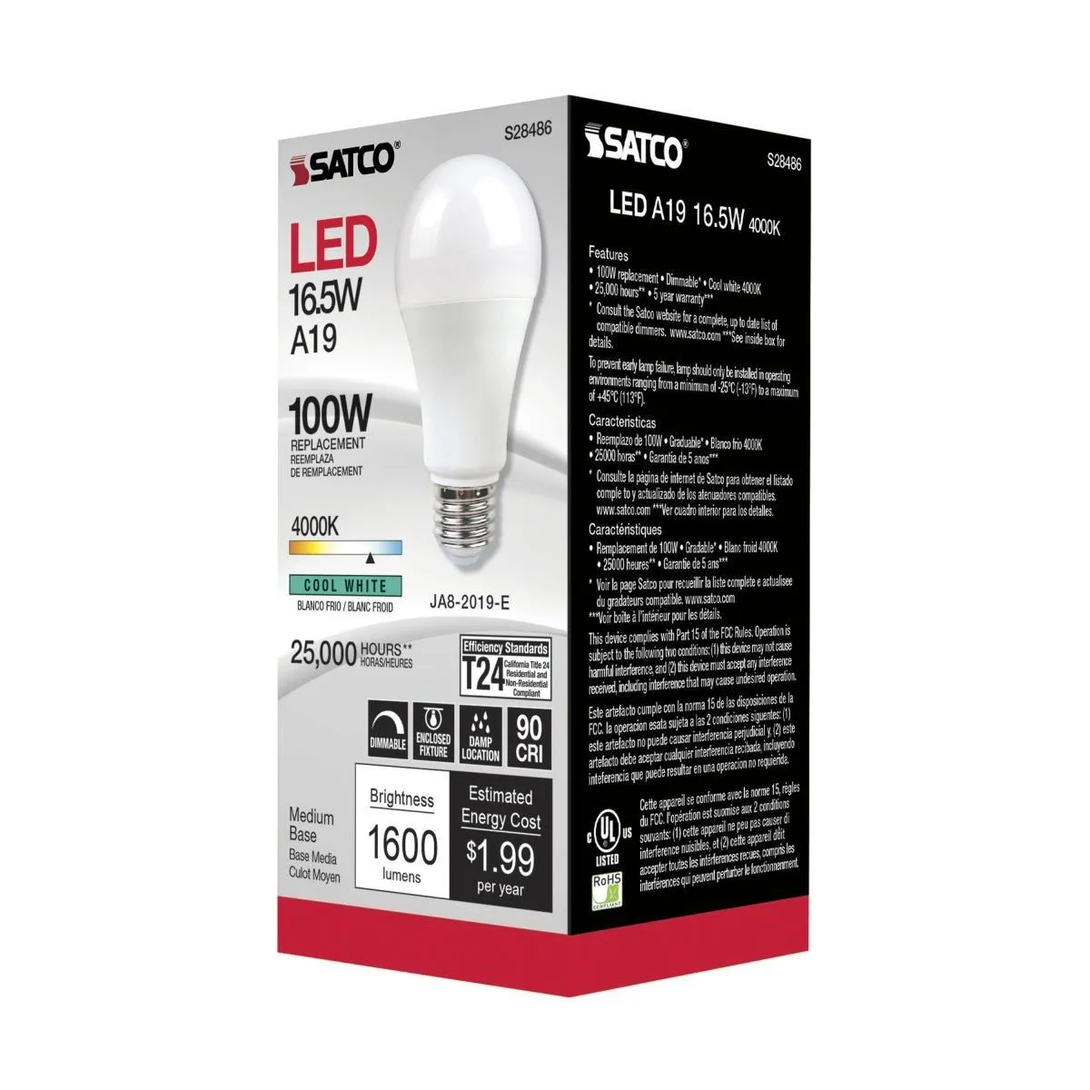 A19 LED Bulb, 100W Equivalent, 17 Watt, 1600 Lumens, 4000K, E26 Medium Base, Frosted Finish