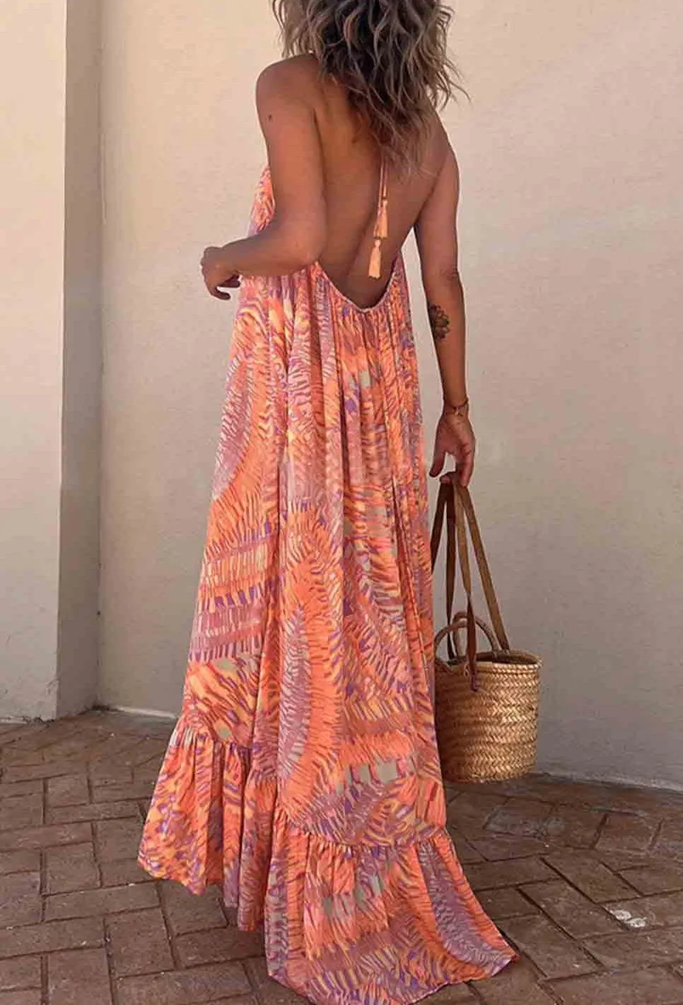 Abstract Halterneck Ruffle Maxi Dress