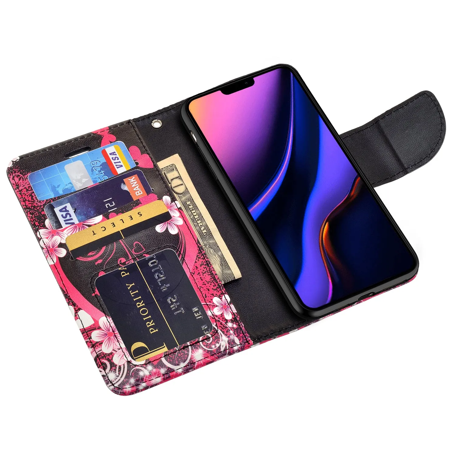 Apple iPhone 12 Pro Max Case, iPhone 12 Pro Max Wallet Case, Wrist Strap Pu Leather Wallet Case [Kickstand] with ID & Credit Card Slots - Heart Butterflies