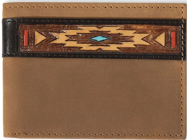 Ariat Men's Bi-Fold Leather Wallet with Southwestern Aged Bark