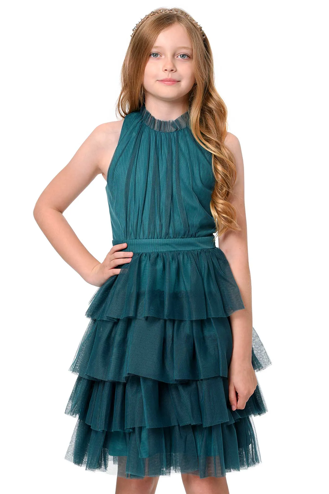 Big Girls High Neck Sleeveless Tiered Mesh Party Dress