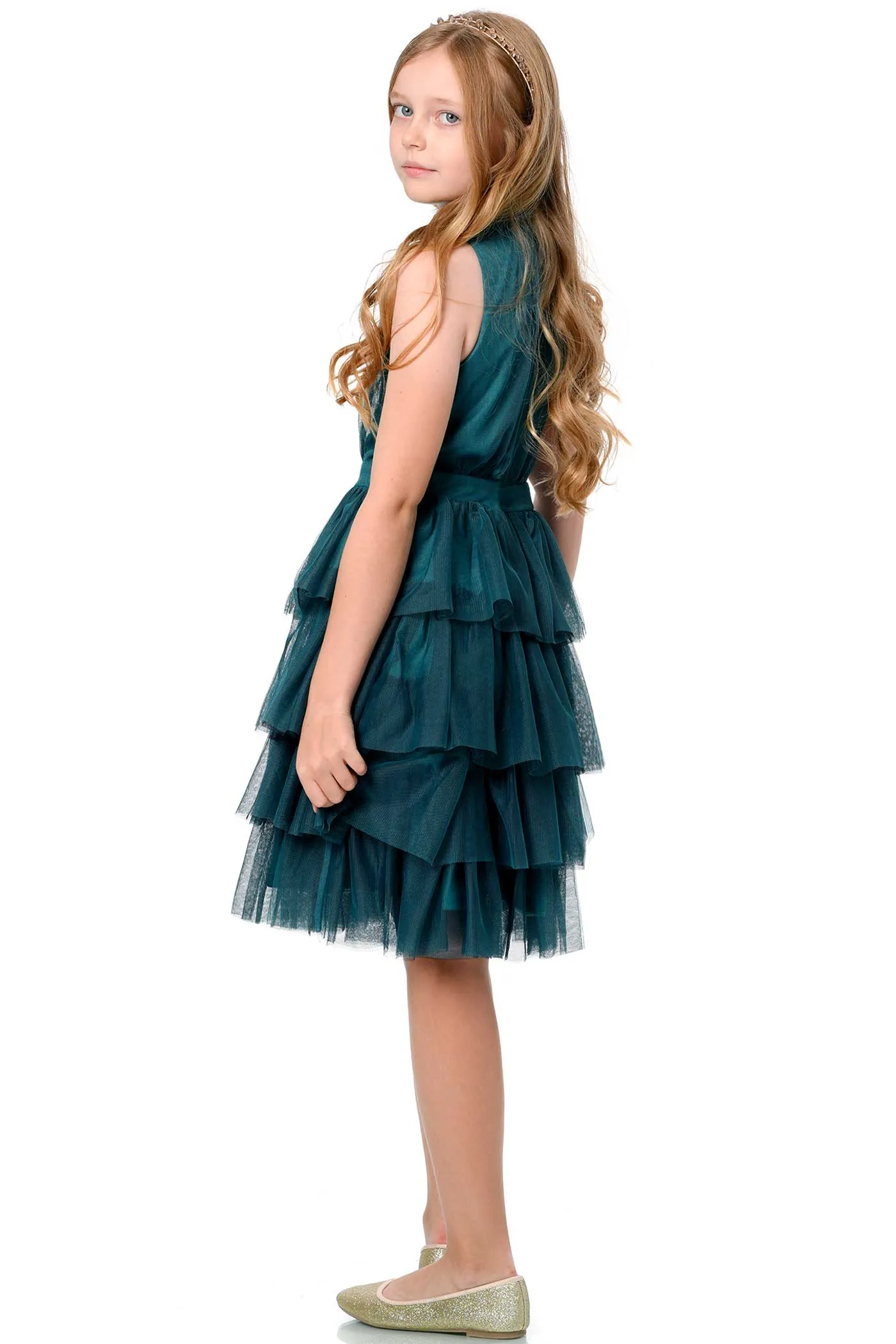 Big Girls High Neck Sleeveless Tiered Mesh Party Dress
