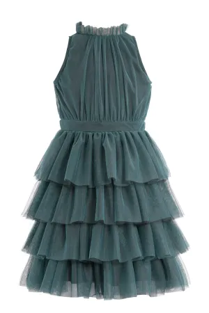 Big Girls High Neck Sleeveless Tiered Mesh Party Dress