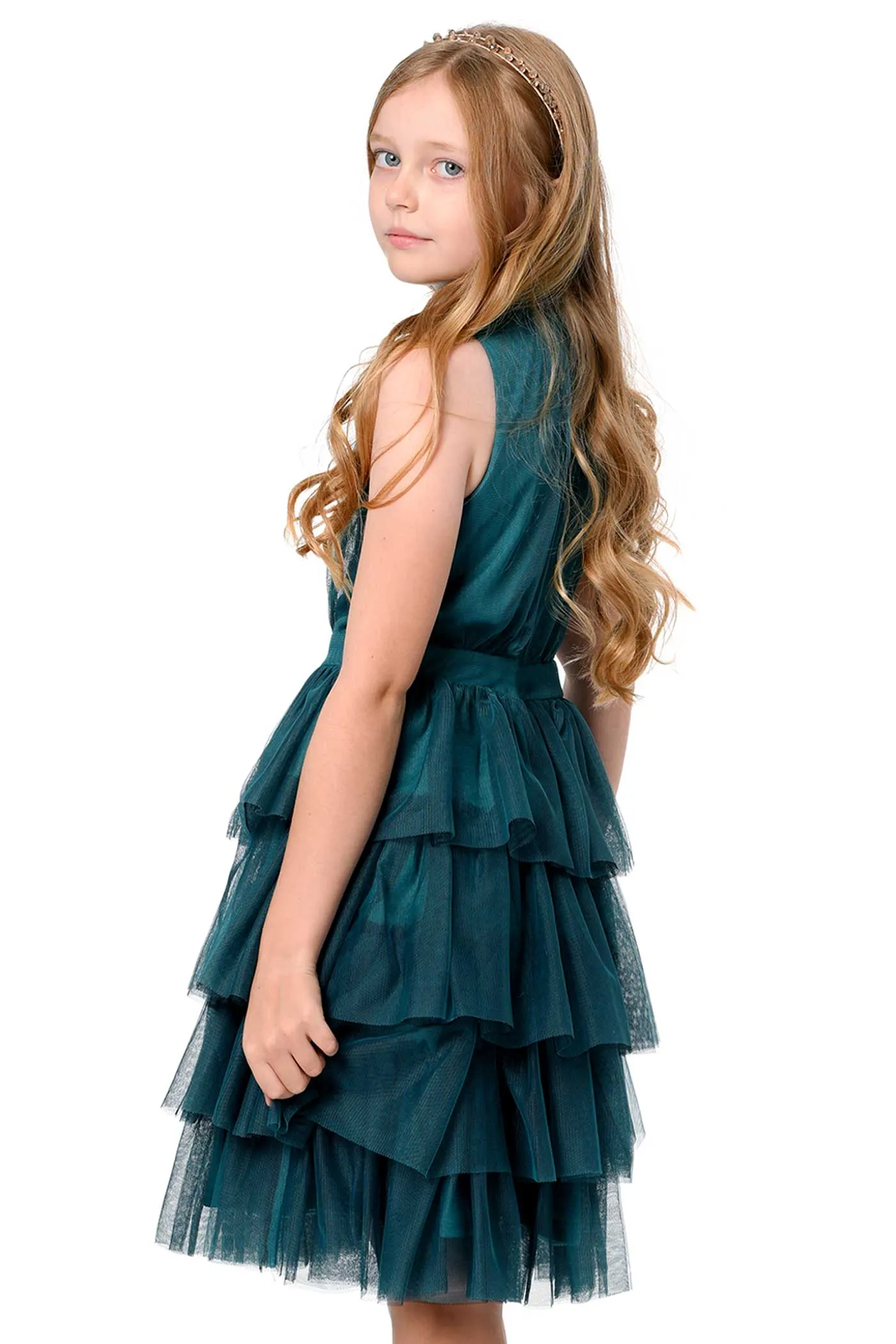 Big Girls High Neck Sleeveless Tiered Mesh Party Dress