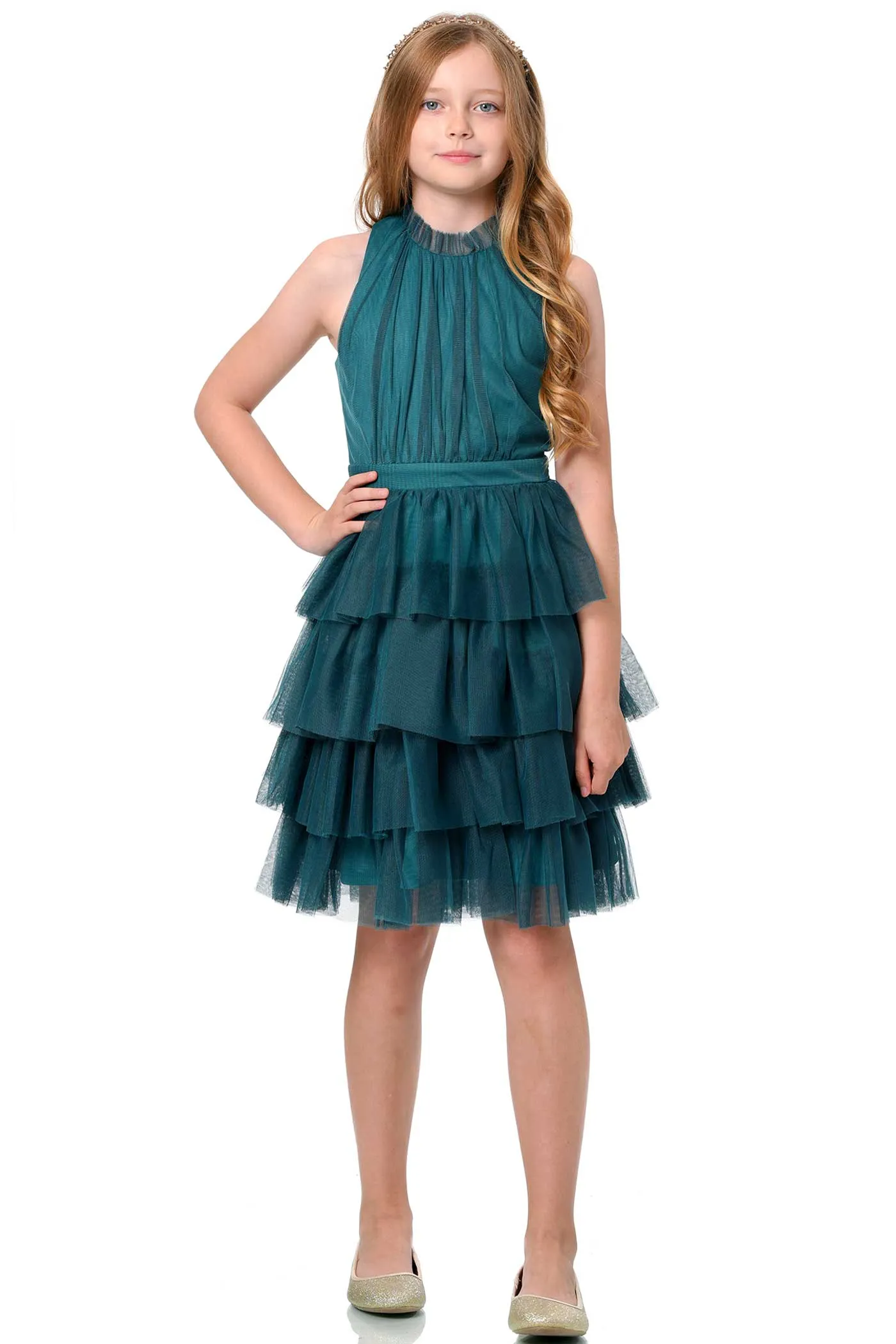 Big Girls High Neck Sleeveless Tiered Mesh Party Dress