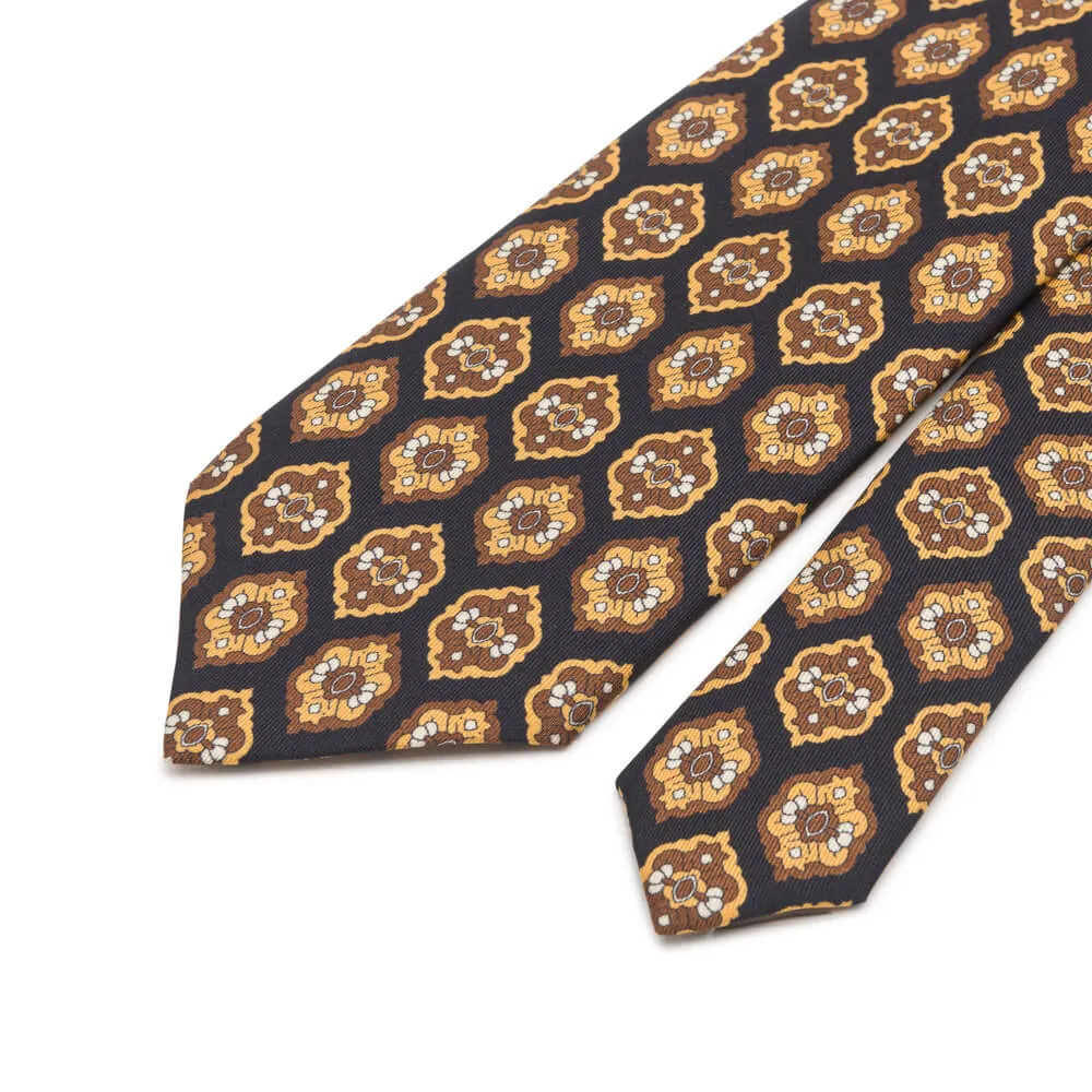 Black and Brown Medallion Motif Twill Silk Tie