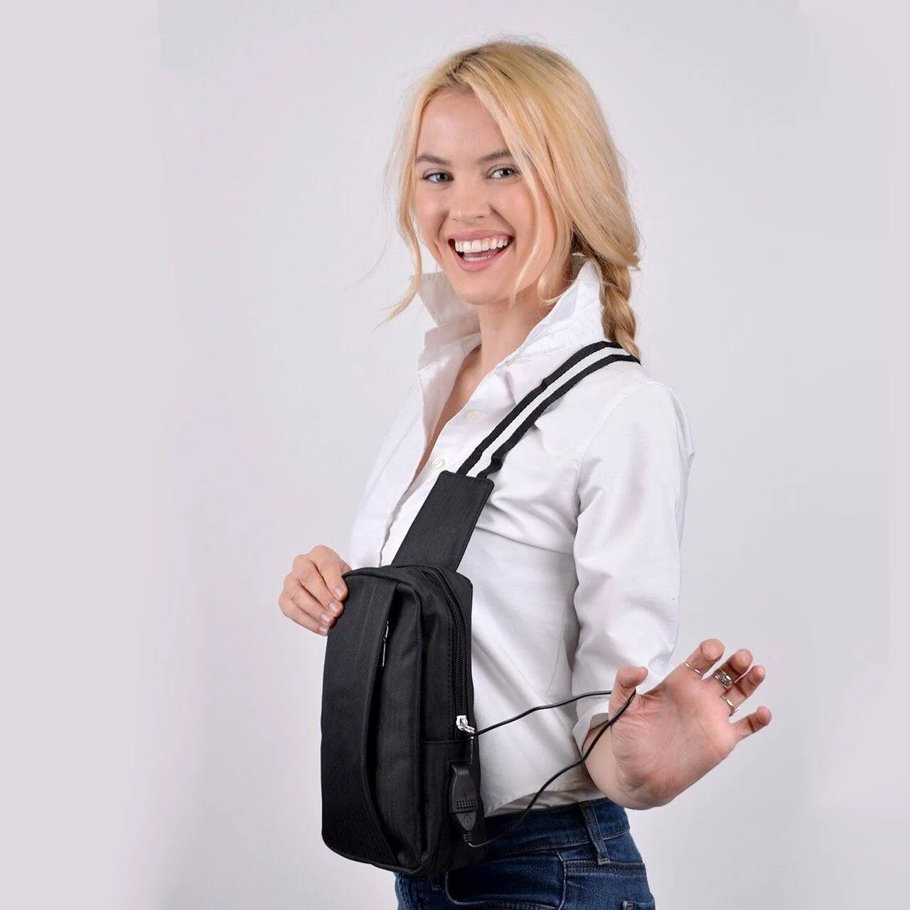 Black Crossbody Shoulder Sling Bag with USB Charging Port