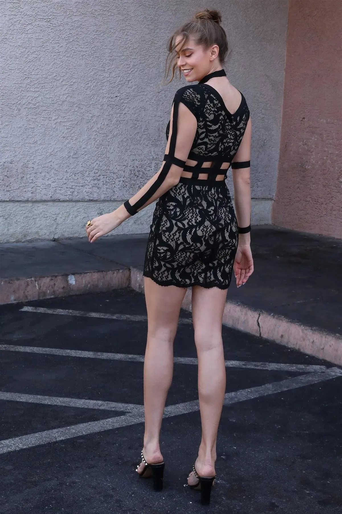 Black Lace Nude Lining Elastic Harness Mini Dress