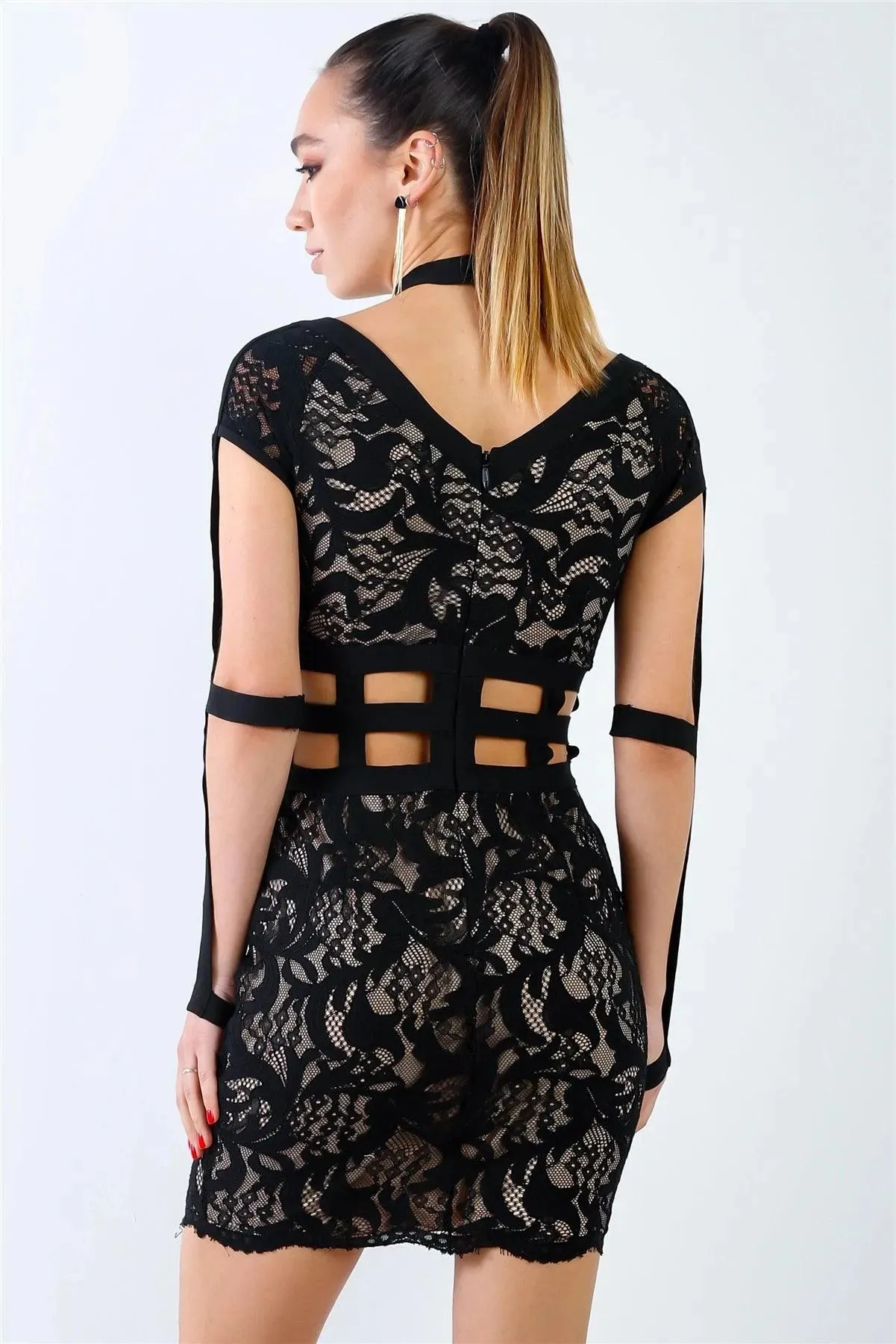 Black Lace Nude Lining Elastic Harness Mini Dress