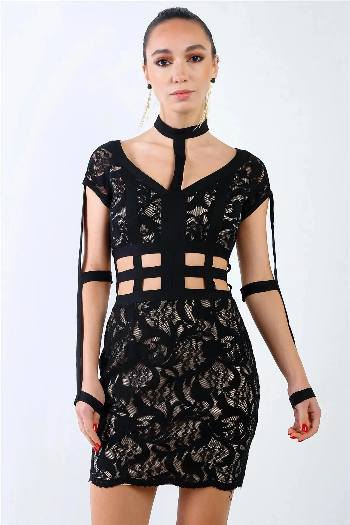 Black Lace Nude Lining Elastic Harness Mini Dress