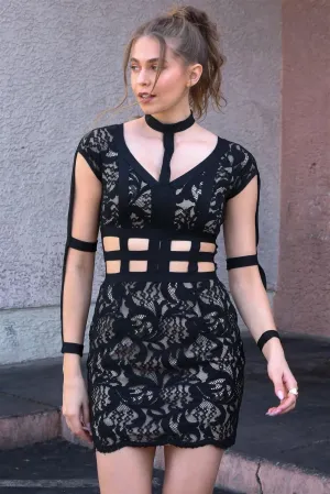Black Lace Nude Lining Elastic Harness Mini Dress