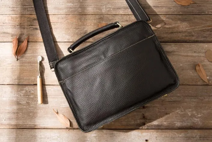 Black Leather Mens Briefcase Work Bag Laptop Bag Business Bag for Men