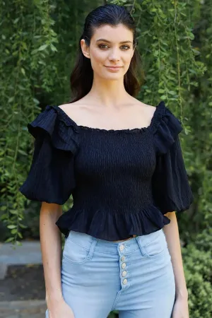 Black Textured Smocked Short Balloon Ruffle Trim Sleeve Top /2-2-2