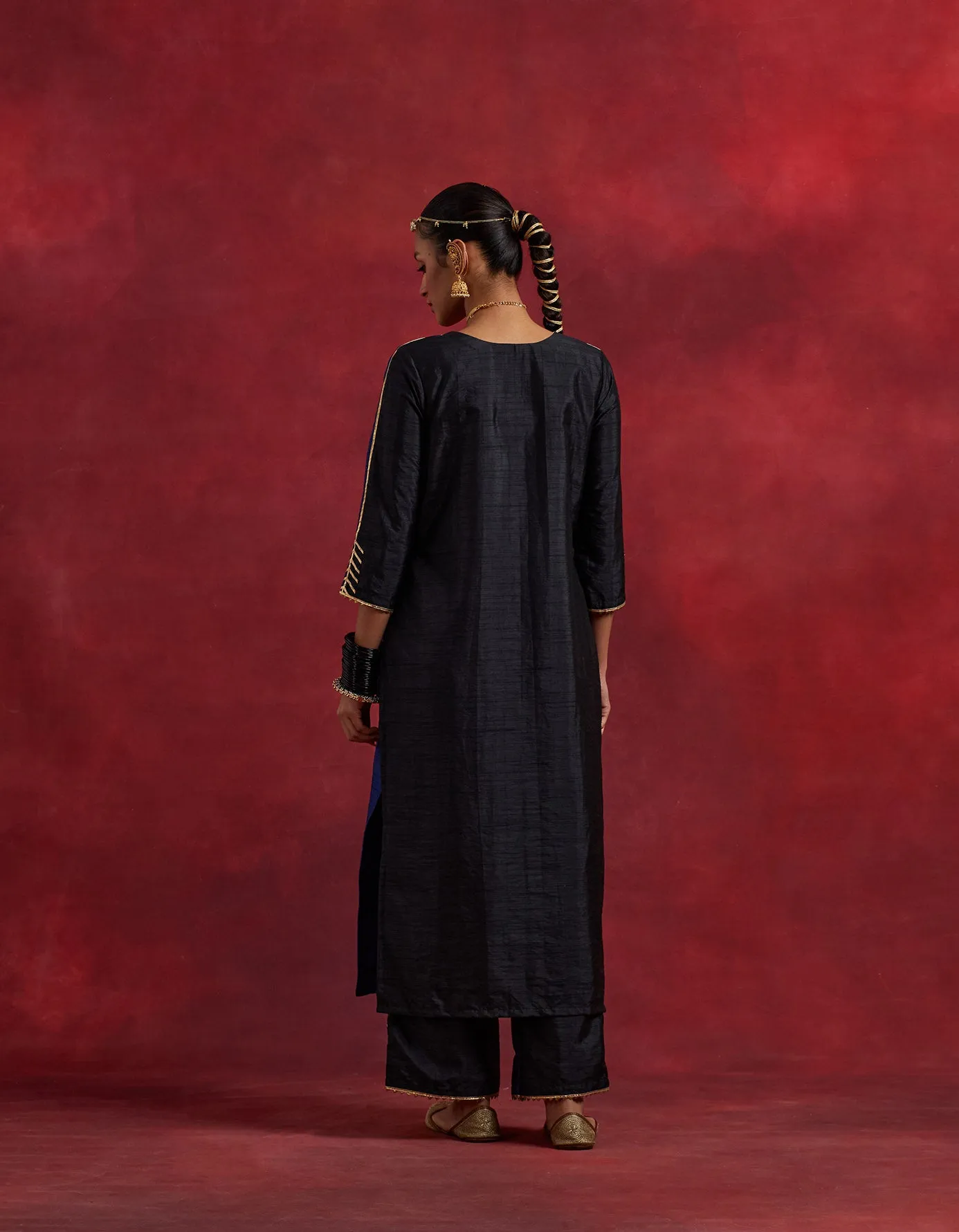 Blue Black Raw Silk Half And Half Kurta Set (Set Of 2)