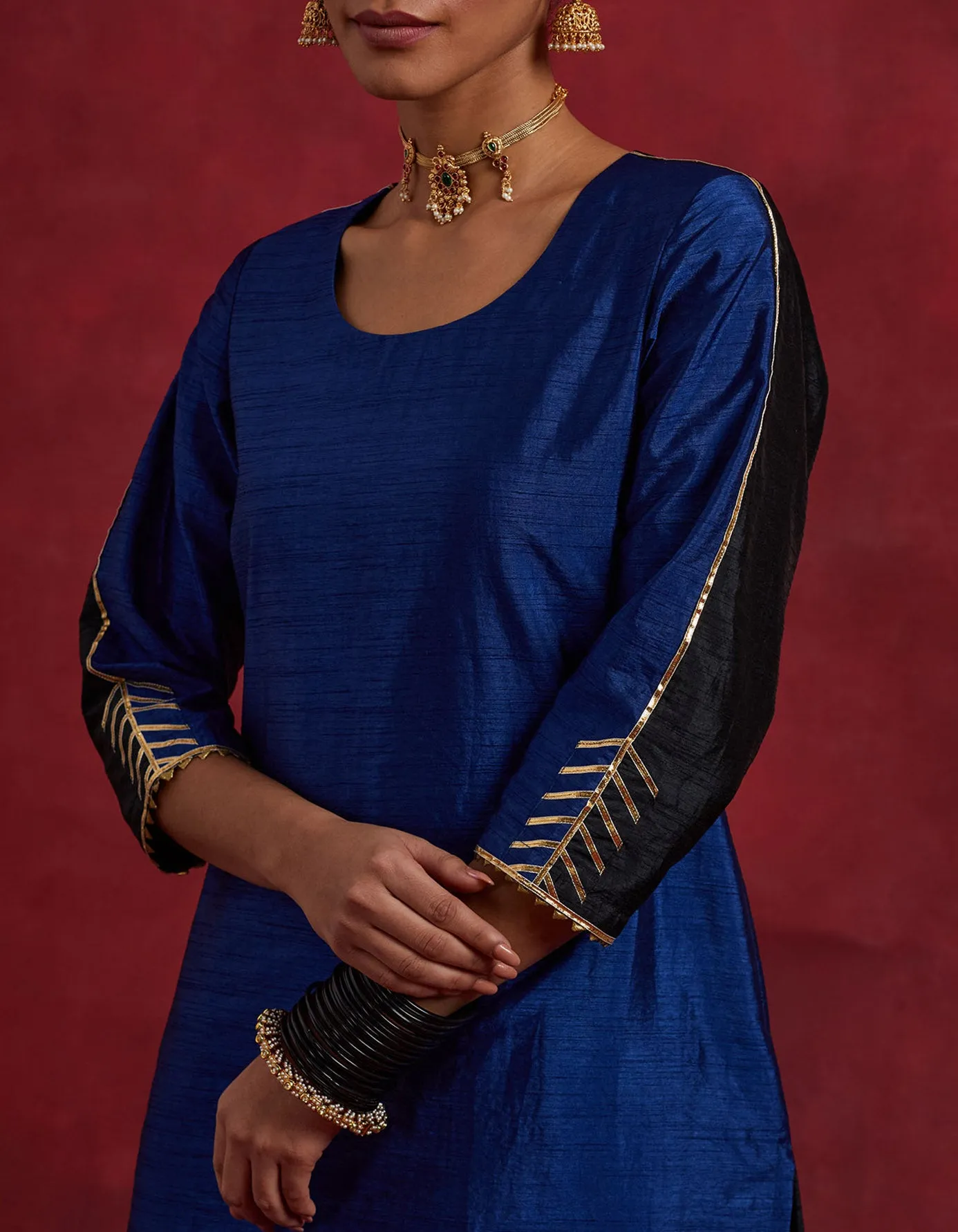 Blue Black Raw Silk Half And Half Kurta Set (Set Of 2)