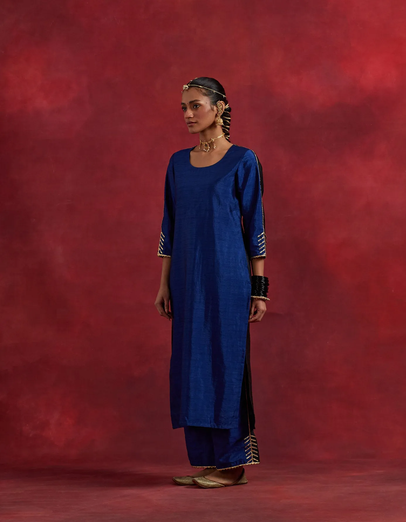 Blue Black Raw Silk Half And Half Kurta Set (Set Of 2)