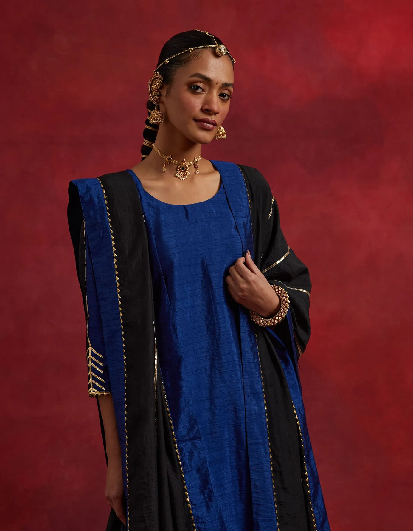 Blue Black Raw Silk Half And Half Kurta Set (Set Of 3)
