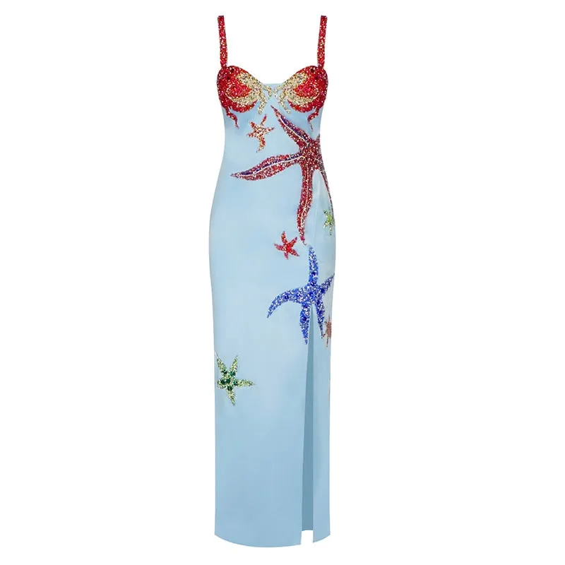 Blue Starfish Sequin Charming Details Silk Midi Dress