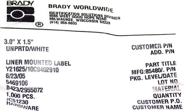 Brady Y21625 3 in x 1.5 in Thermal Transfer Printable Labels 1K Roll B459