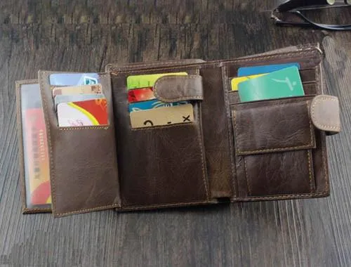 Brown Leather Men's Trifold Small Biker Wallet Chain Wallets Badass Wallet with chain For Men