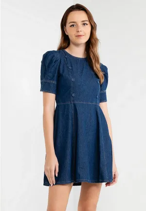 Button Details Puffed Denim Dress