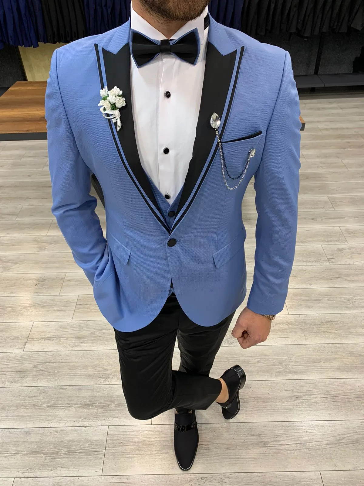 Buy Ice Blue Slim Fit Peak Lapel Tuxedo by GentWith.com
