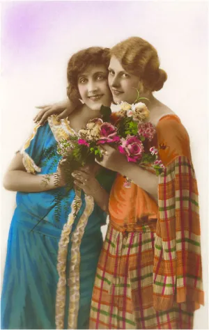 BW-15 Two Women with Flowers - Vintage Image