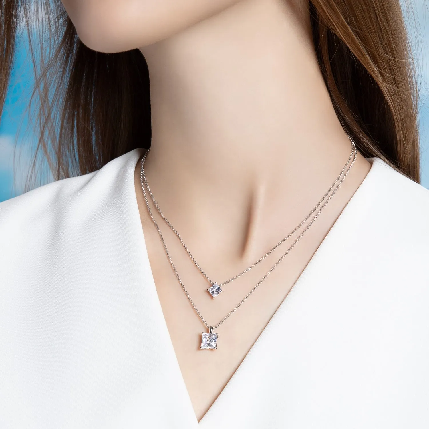 Classic Silver Rhodium Plated Square Design Princess Cut CZ Pendant with 16" Chain Necklace