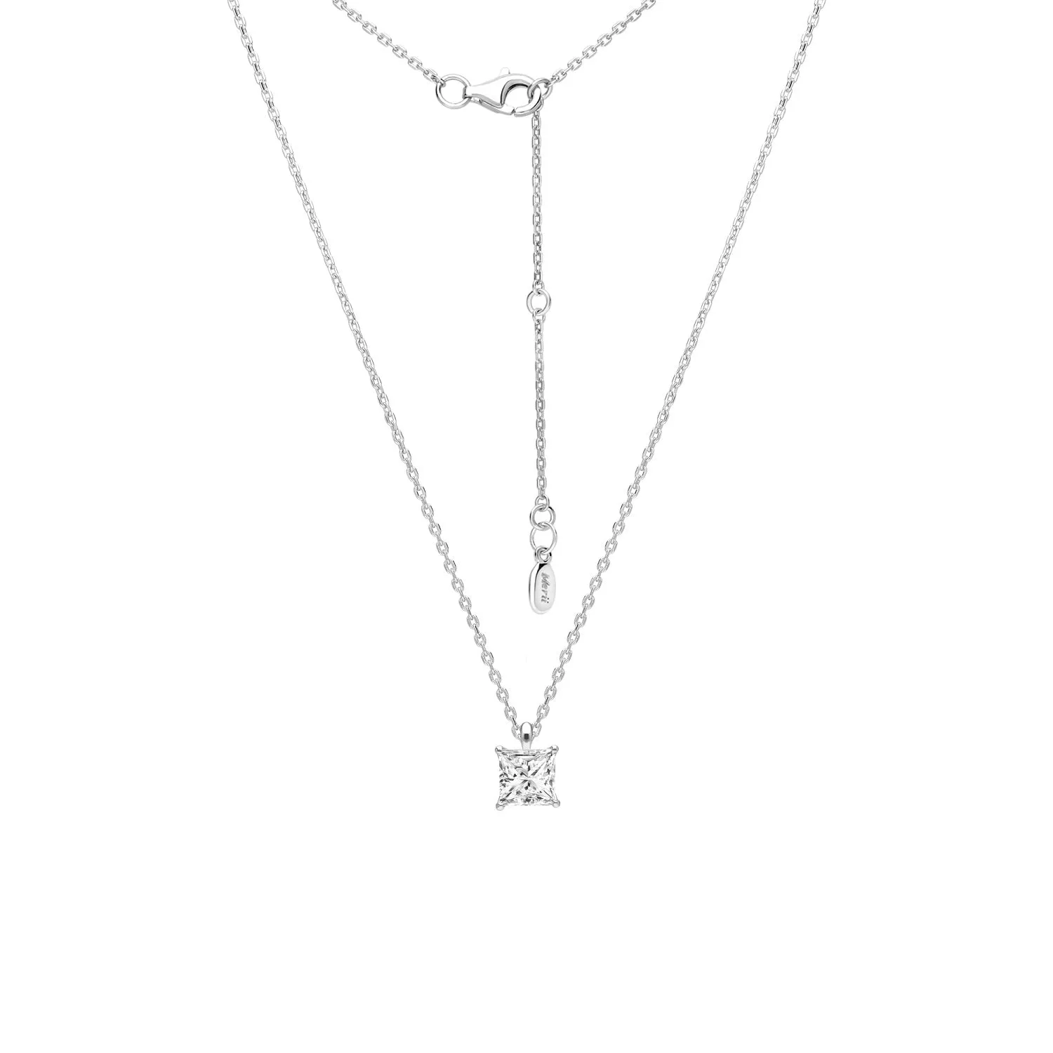 Classic Silver Rhodium Plated Square Design Princess Cut CZ Pendant with 16" Chain Necklace