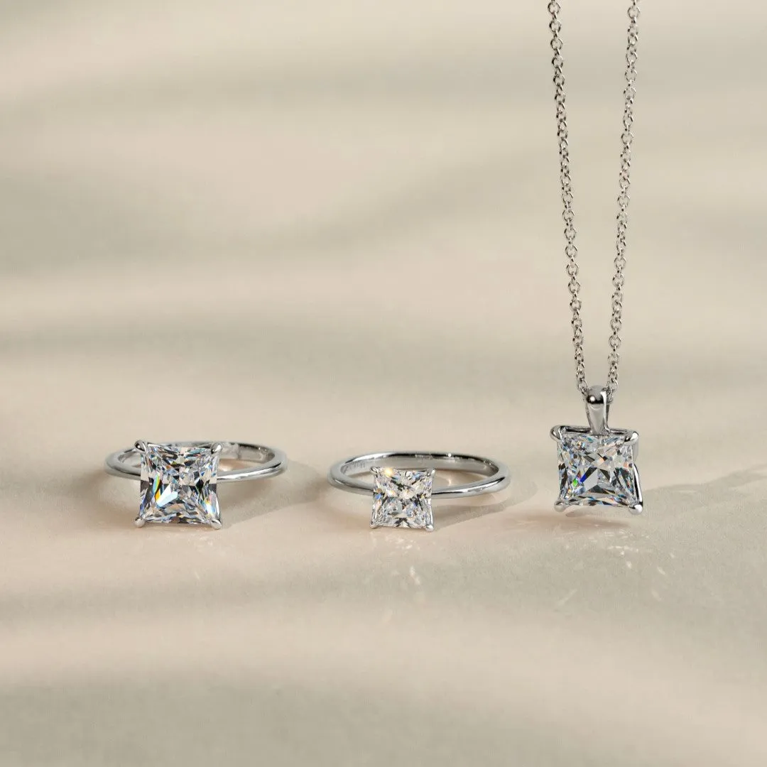 Classic Silver Rhodium Plated Square Design Princess Cut CZ Pendant with 16" Chain Necklace