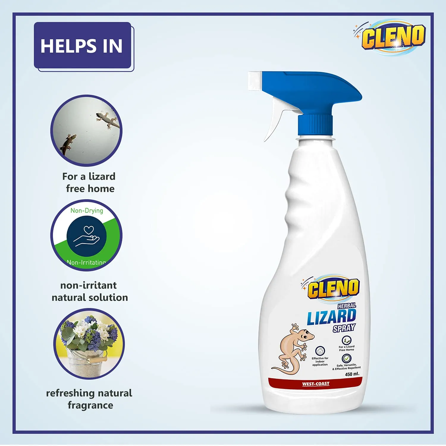 Cleno Herbal Lizard Repellent Spray | Completely Herbal | Made with Camphor, Lavender Oil & Eucalyptus Oil | Eco-friendly & Biodegradable | Baby-Safe, Skin-Safe – 450ml (Pack of 4) (Ready to Use)
