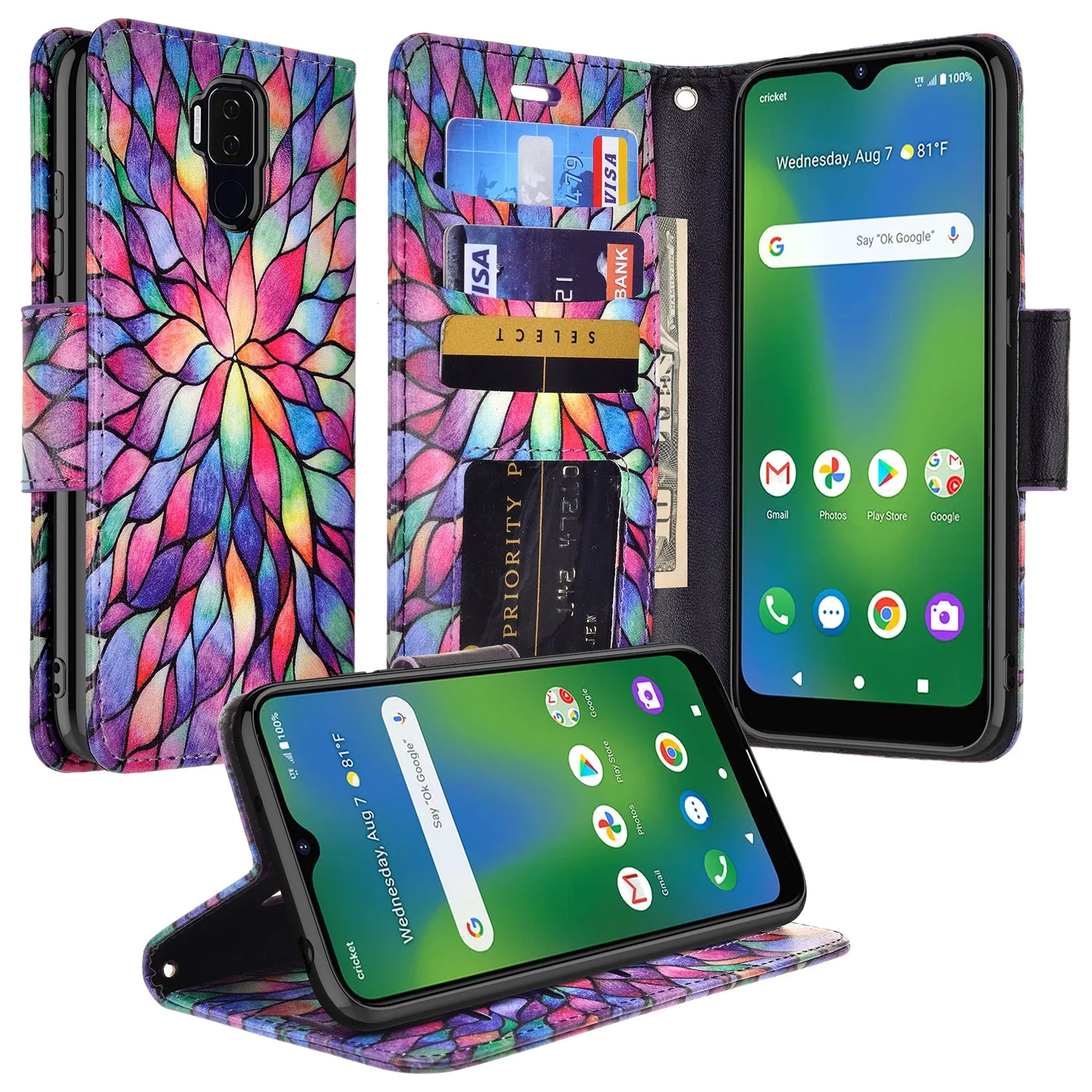 Cricket Influence Case, AT&T Maestro Plus Wallet Case, Wrist Strap Pu Leather Wallet Case [Kickstand] with ID & Credit Card Slots - Rainbow Flower