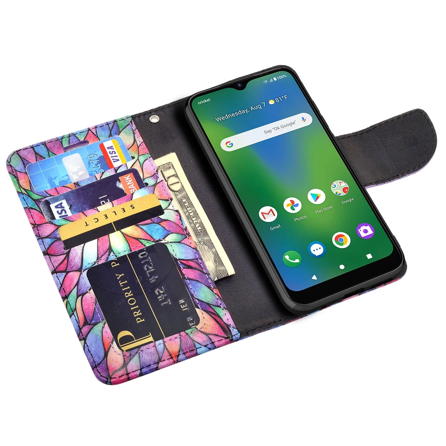 Cricket Influence Case, AT&T Maestro Plus Wallet Case, Wrist Strap Pu Leather Wallet Case [Kickstand] with ID & Credit Card Slots - Rainbow Flower