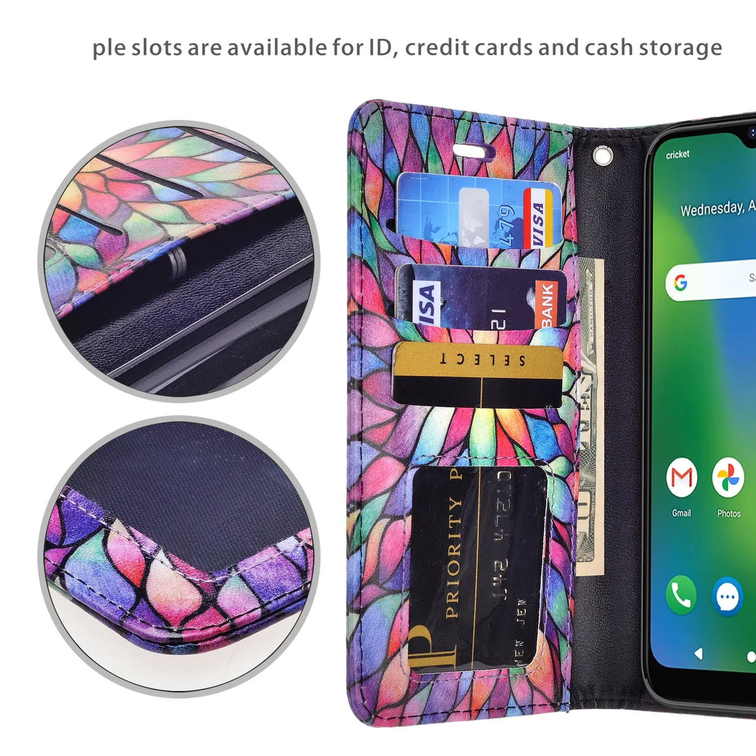 Cricket Influence Case, AT&T Maestro Plus Wallet Case, Wrist Strap Pu Leather Wallet Case [Kickstand] with ID & Credit Card Slots - Rainbow Flower