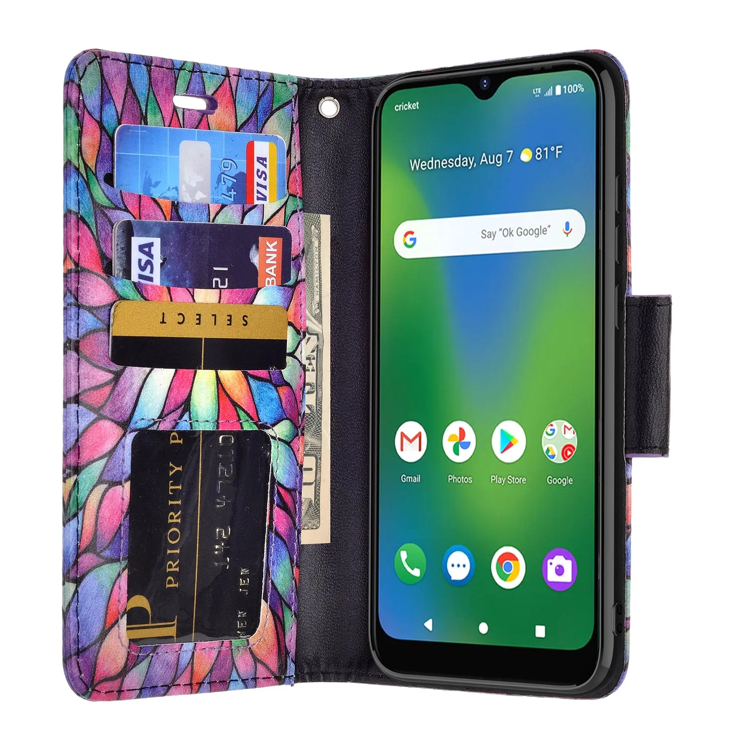 Cricket Influence Case, AT&T Maestro Plus Wallet Case, Wrist Strap Pu Leather Wallet Case [Kickstand] with ID & Credit Card Slots - Rainbow Flower