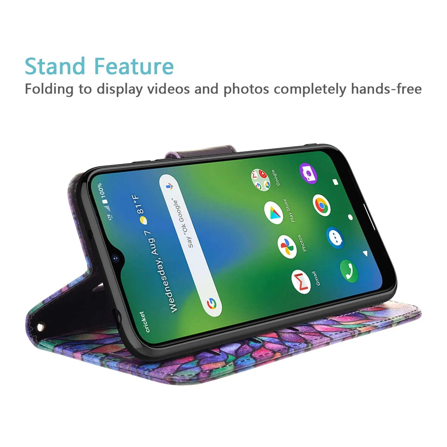 Cricket Influence Case, AT&T Maestro Plus Wallet Case, Wrist Strap Pu Leather Wallet Case [Kickstand] with ID & Credit Card Slots - Rainbow Flower