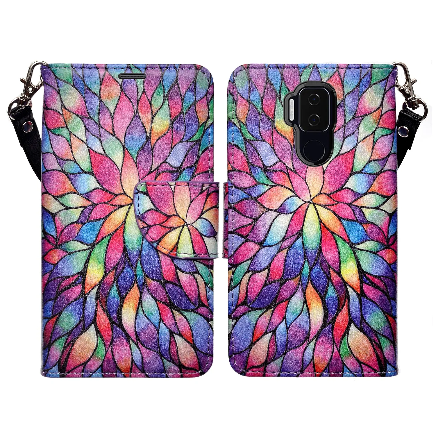 Cricket Influence Case, AT&T Maestro Plus Wallet Case, Wrist Strap Pu Leather Wallet Case [Kickstand] with ID & Credit Card Slots - Rainbow Flower