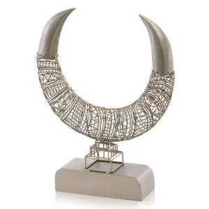 Cuernos Double, Horn, Iron, Sculpture on Base, Transitional, Home or Office, Décor, Statement Piece, Wire Work, 12" L x 3" W x 16" H, Zinc, Brown