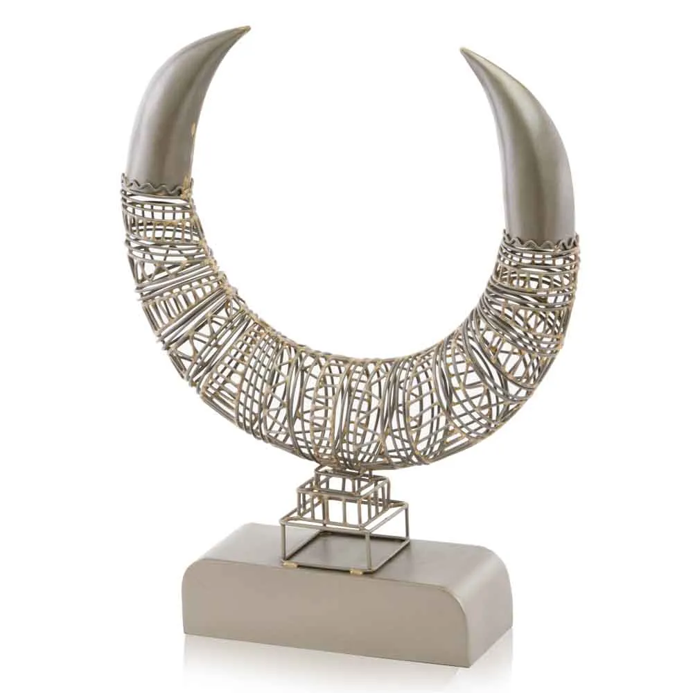 Cuernos Double, Horn, Iron, Sculpture on Base, Transitional, Home or Office, Décor, Statement Piece, Wire Work, 12" L x 3" W x 16" H, Zinc, Brown