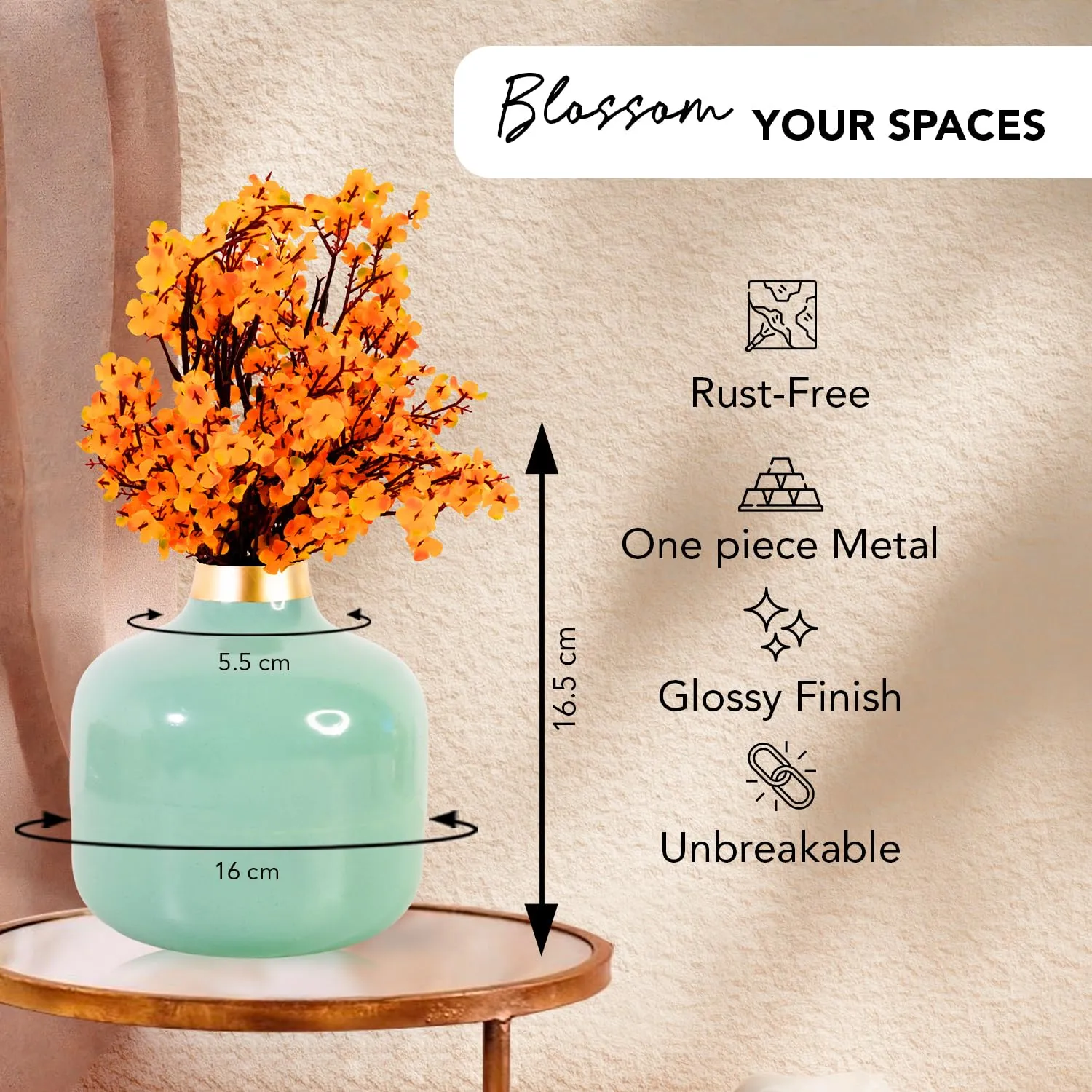Ekhasa Unbreakable Metallic Aqua Hammered Flower Vase for Home Decor | Aesthetic Vase Gift for Wedding, Housewarming, Parties, Gathering | Decorative Metal Vase for Living Room, Dining Table, Office
