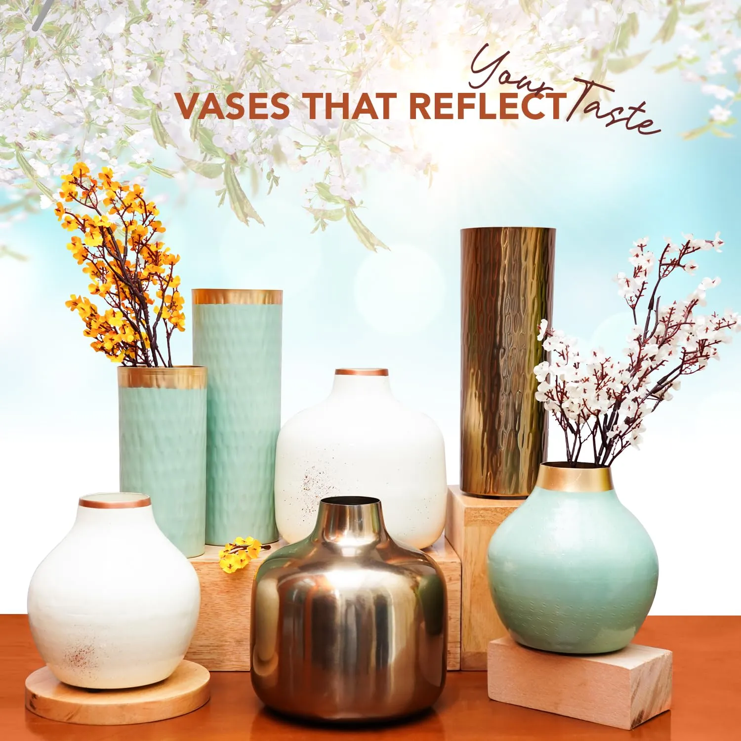 Ekhasa Unbreakable Metallic Aqua Hammered Flower Vase for Home Decor | Aesthetic Vase Gift for Wedding, Housewarming, Parties, Gathering | Decorative Metal Vase for Living Room, Dining Table, Office