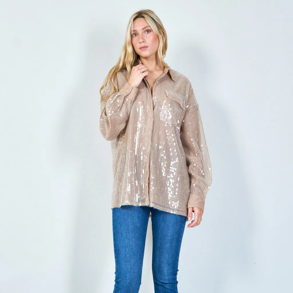 Elegant oversized shirt with solid pailettes details wholesale